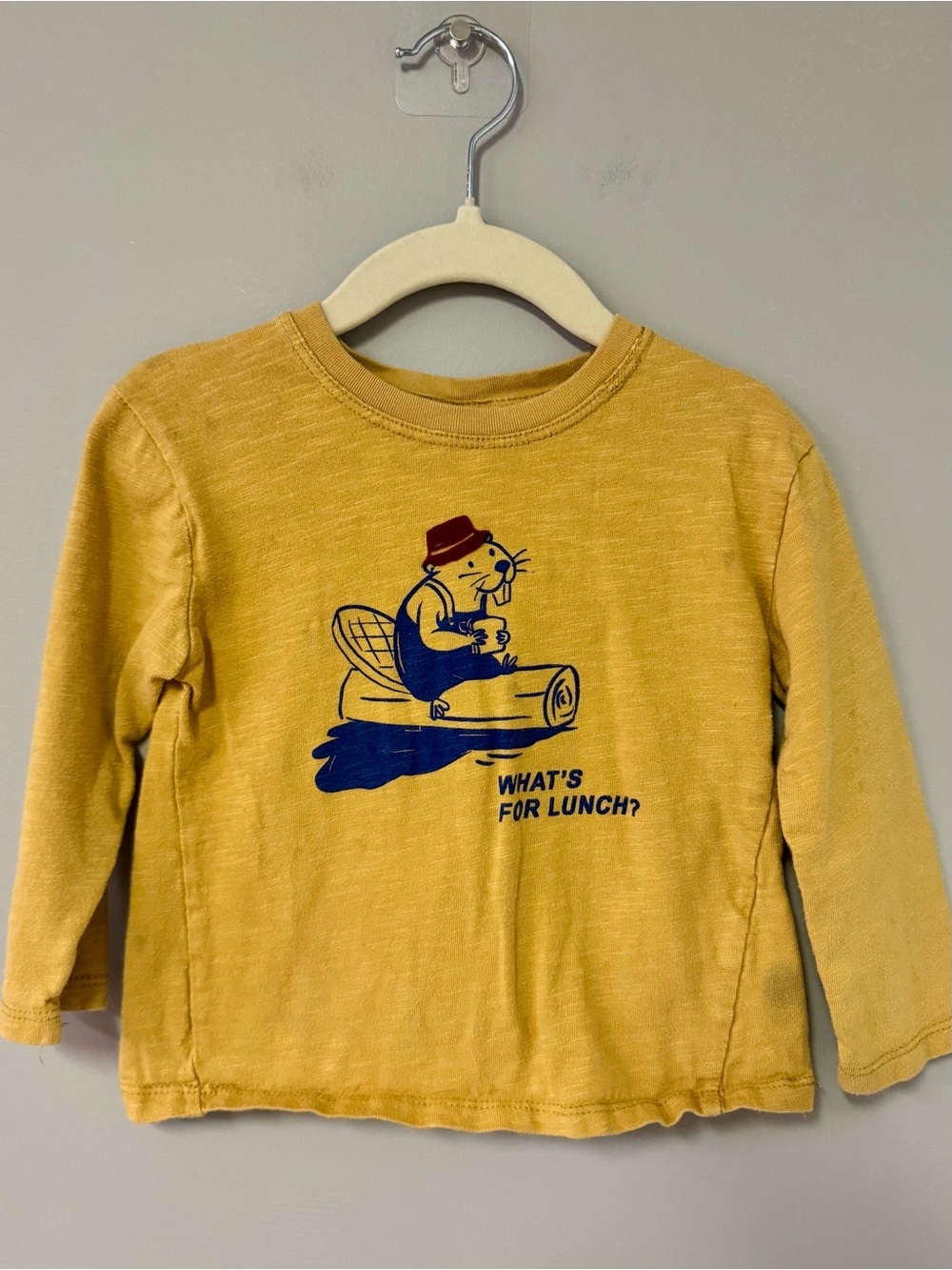 Zara Mustard Yellow Long-Sleeve Tee with Navy Beaver Graphic